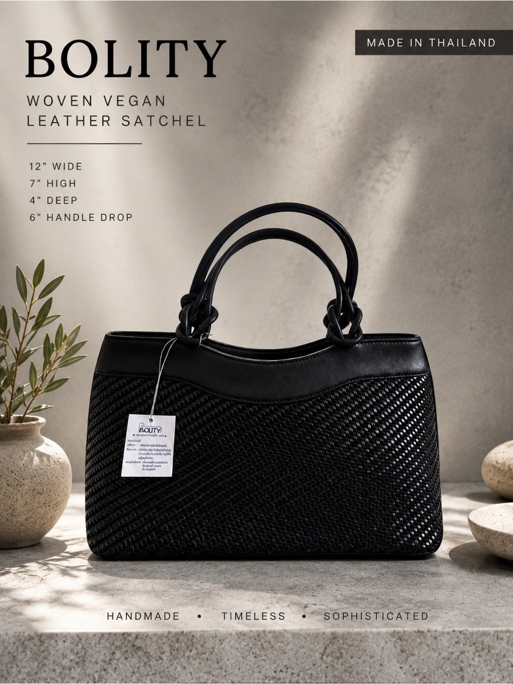 BOLITY Black Woven Leather Satchel Tote Bag Handle Purse Thailand Handmade NWT